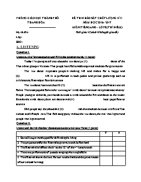 Đề thi khảo sát chất lượng kì I môn Tiếng Anh Lớp 8 (Thí điểm) - Năm học 2016-2017 - Phòng GD & ĐT Thanh Hóa (Có đáp án)
